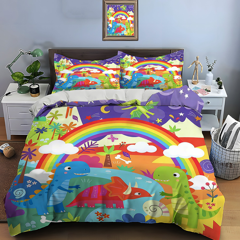 Duvet Cover Sets With Zipper - Set Penutup Selimut Pola Dinosaurus Kartun